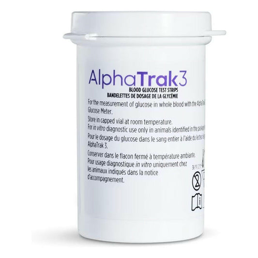 Back label of AlphaTrak 3 Blood Glucose Test Strips for Dogs, Cats & Horses