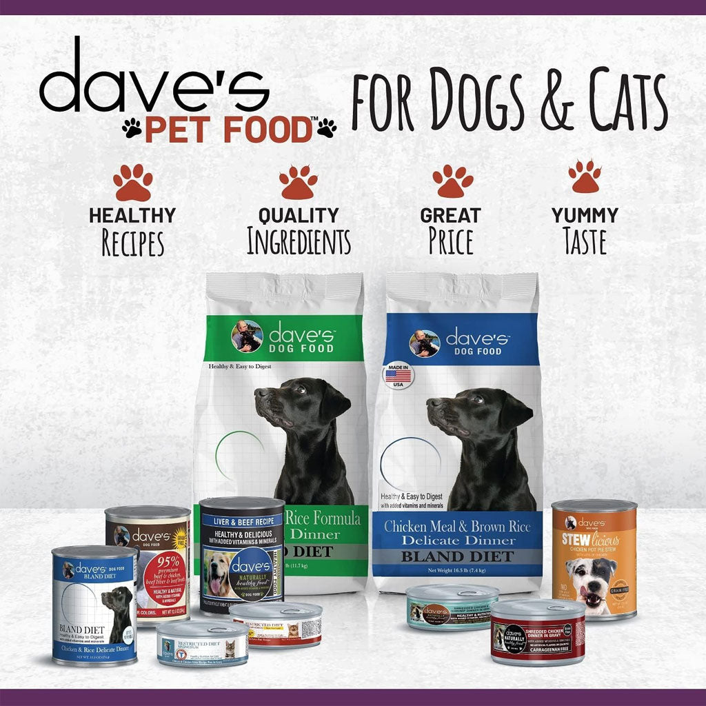 Dave's Pet Food products for dogs and cats on a white background