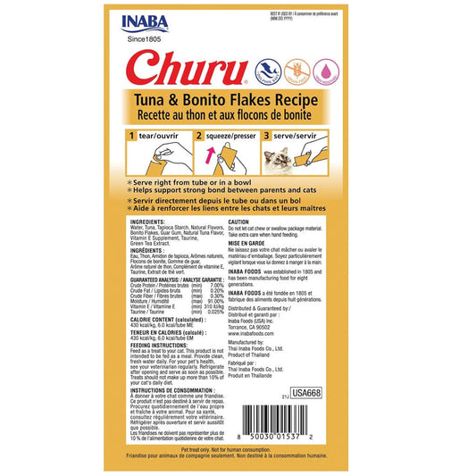 Inaba Churu Tuna with Bonito Flakes Puree Grain-Free Lickable Treat for Cats