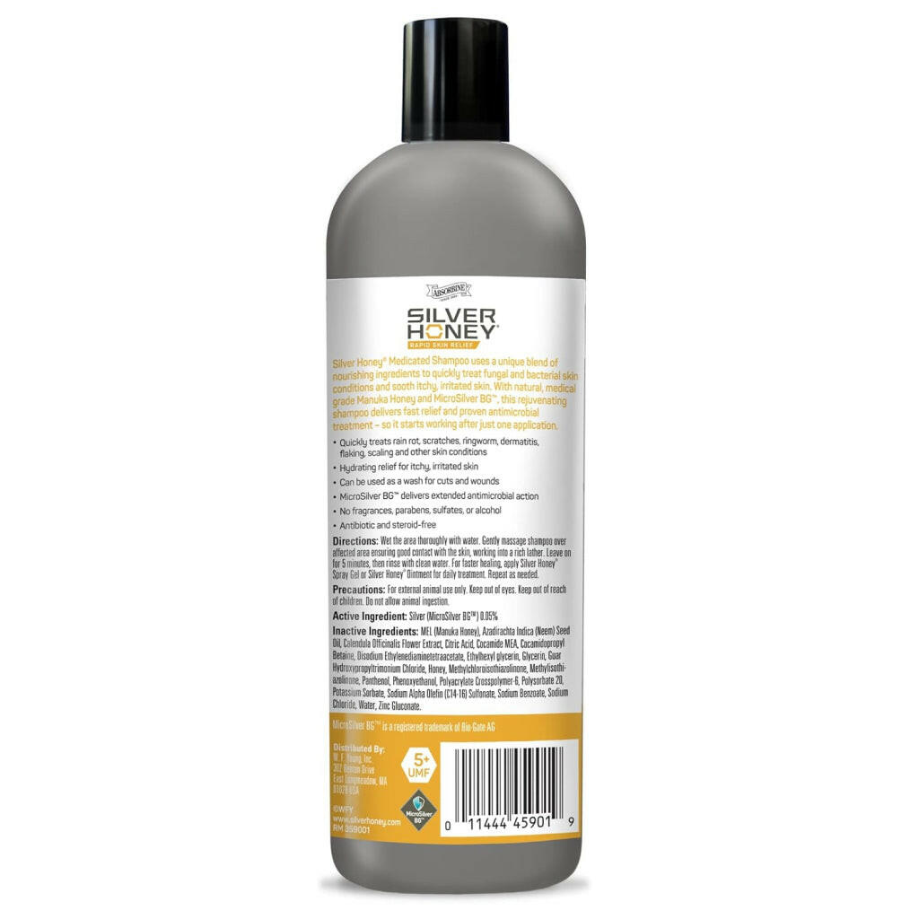 Absorbine silver honey medicated shampoo comes in a 16 oz bottle.