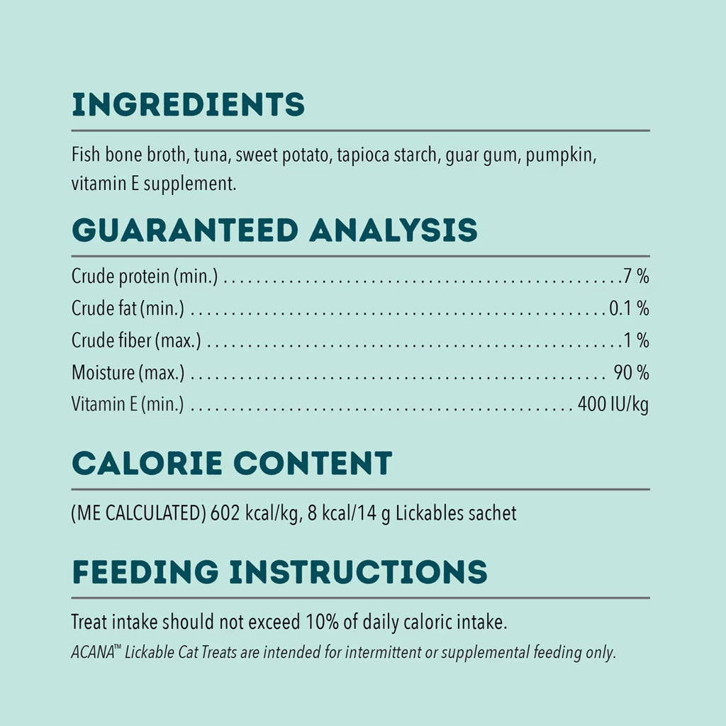 Product label with ingredients, guaranteed analysis, calorie content, and feeding instructions on a light blue background.