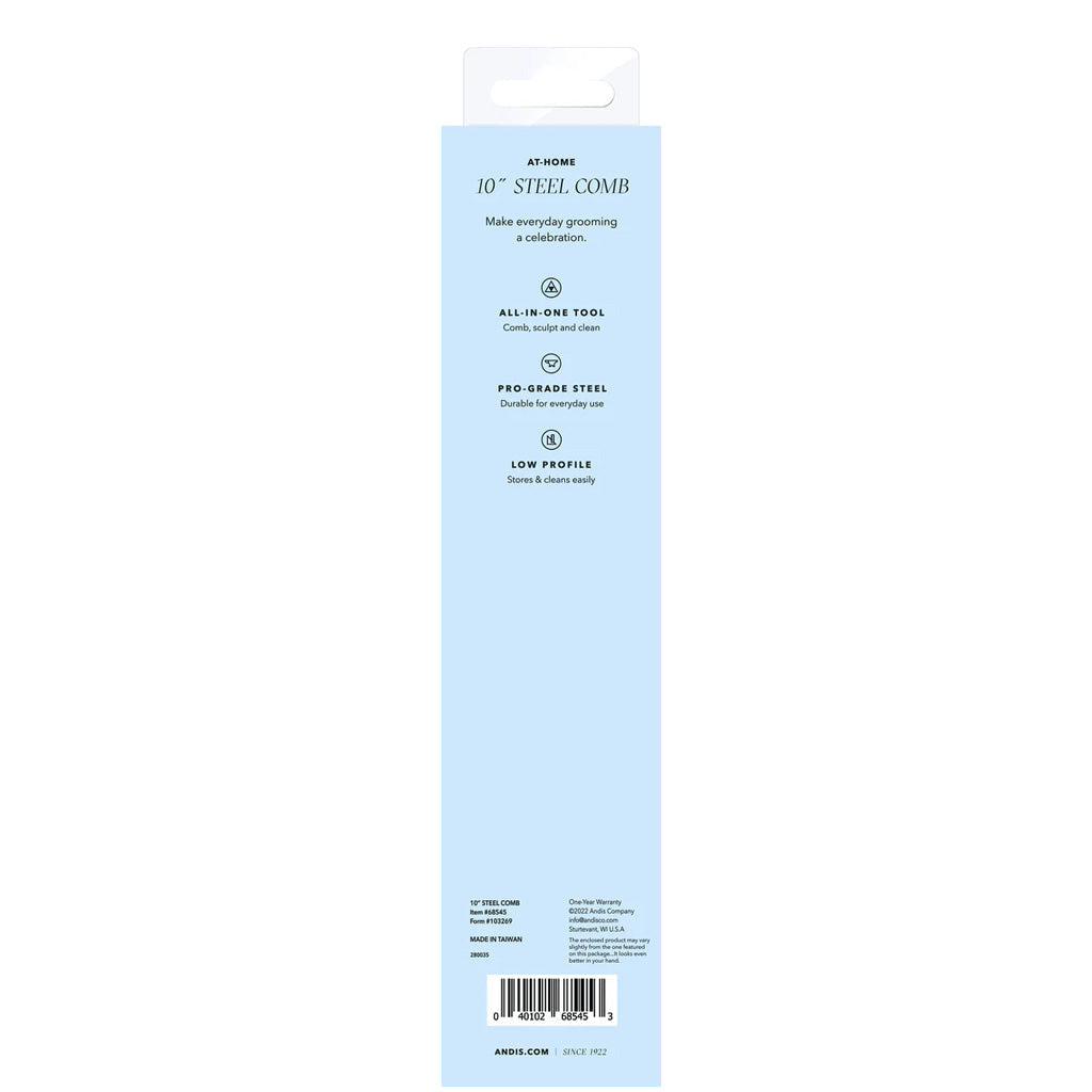 Package of a 10-inch steel comb on a light blue background