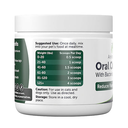 Pet supplement container with usage instructions on a white background