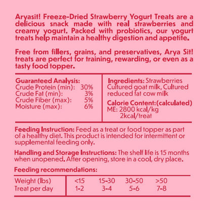 Product label for Aryasat! Freeze-Dried Strawberry Yogurt Treats with nutritional information and feeding guidelines.