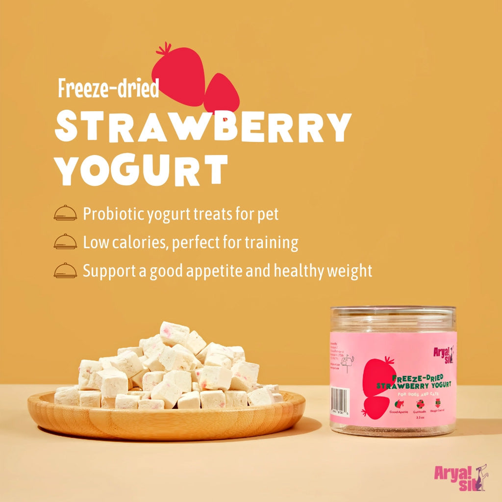 Freeze-dried strawberry yogurt treats for pets with a jar and scattered treats on a yellow background.