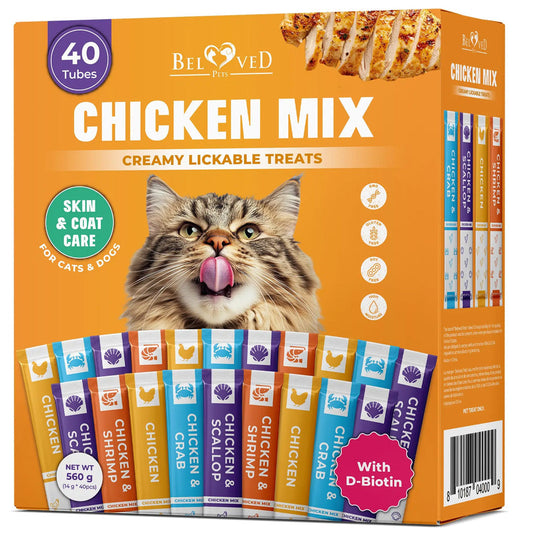 Beloved Pets Chicken Mix Creamy Lickable Treats Skin & Coat Care for Cats & Dogs 20-count - 40-count - Lickable Cat