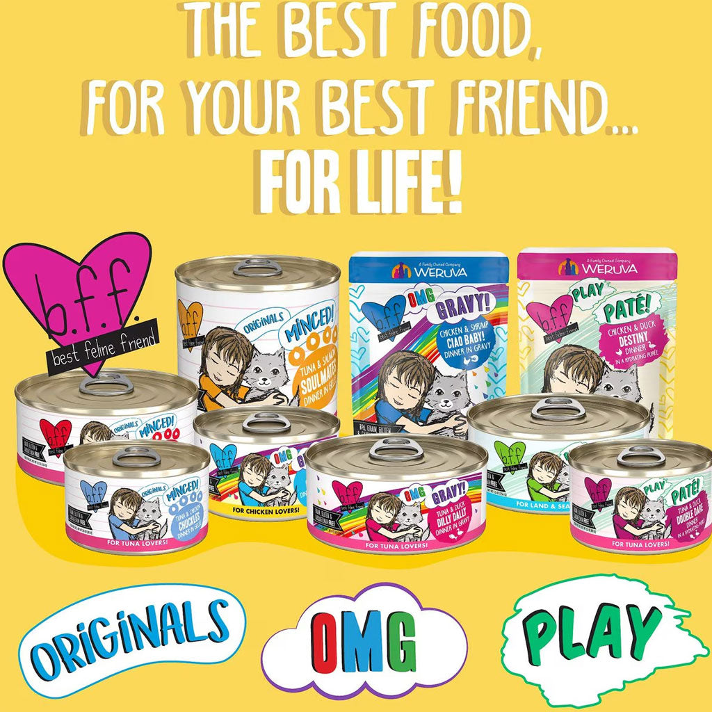 Cat food products with colorful packaging on a yellow background