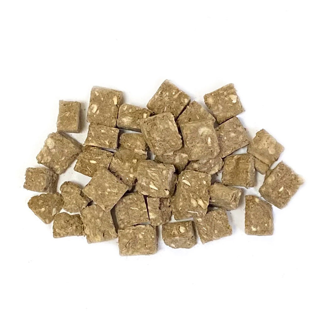 Brown square-shaped snacks on a white background
