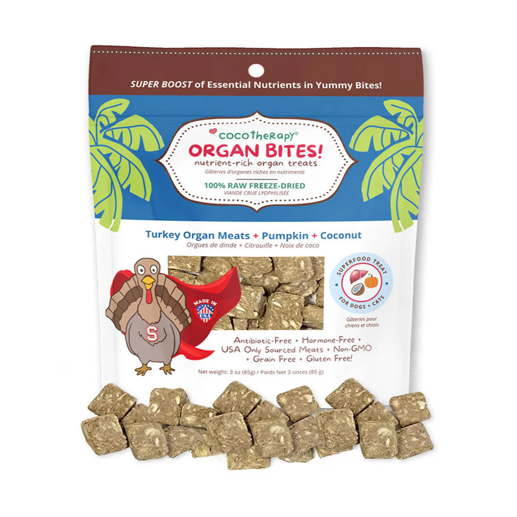 Package of Cocotherap Organ Bites with turkey illustration on a white background