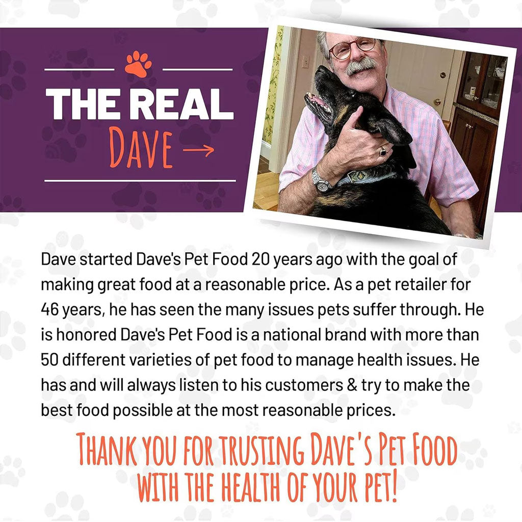 Advertisement for Dave's Pet Food featuring a man with a dog and text about the brand's history and values.