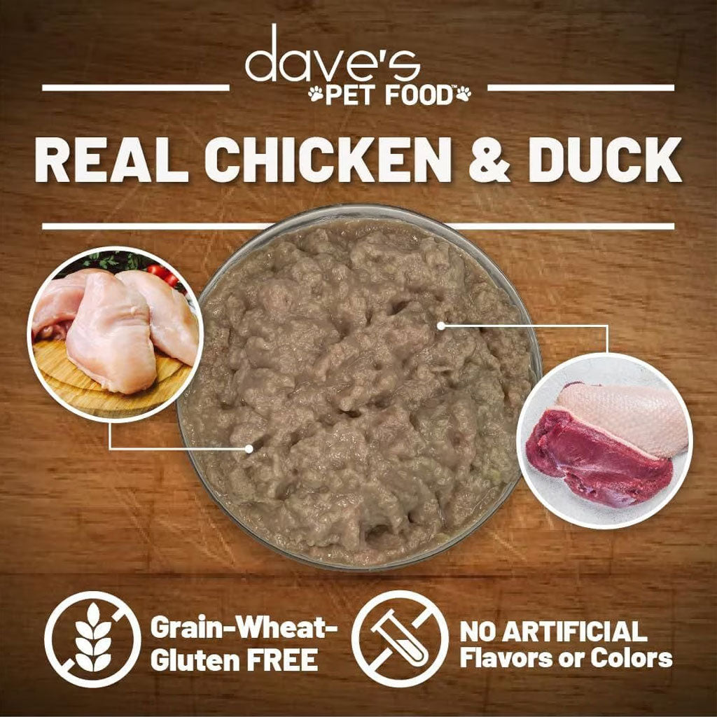 Dave's Pet Food real chicken and duck pet food on a wooden background