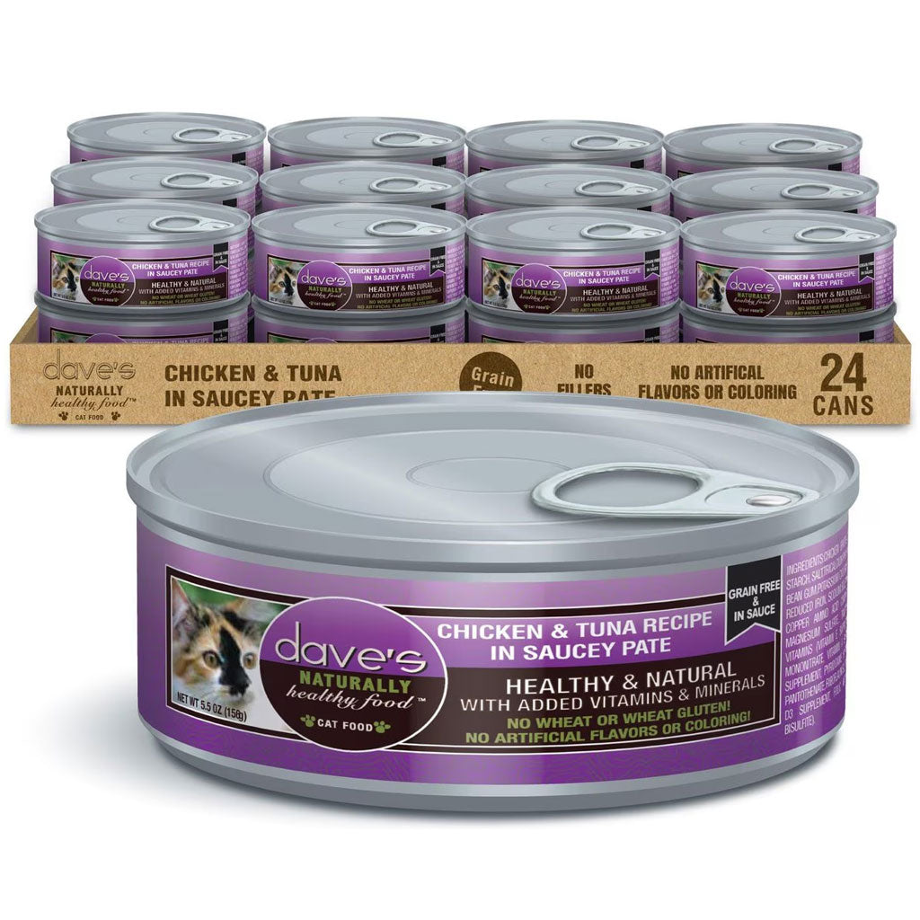 Dave's Pet Food Saucey Pate Chicken & Tuna Recipe Grain-Free Canned Wet Cat Food, 5.5-oz can, case of 24