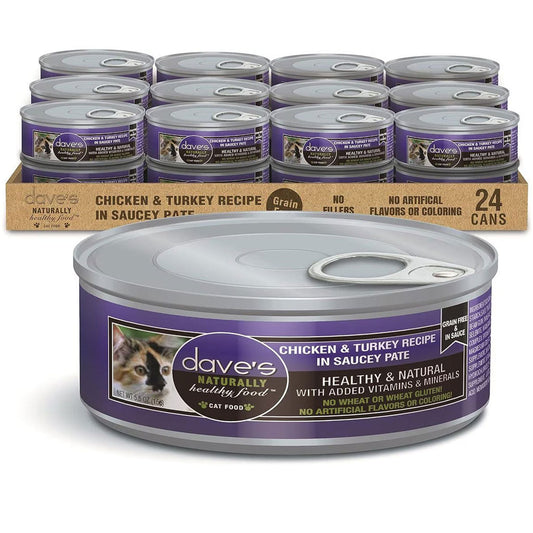 Dave's Pet Food Saucey Pate Chicken & Turkey Recipe Grain-Free Canned Wet Cat Food, 5.5-oz can, case of 24