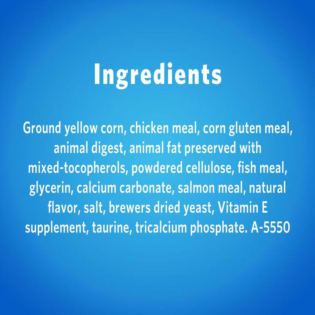 Ingrediens of Purina DentaLife Savory Salmon Crunchy Bites Dental Cat Treats