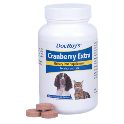 White bottle, Doc Roy's Cranberry Extra for Dogs & Cats, 60 ct
