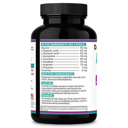 Black supplement bottle with white label detailing active and inactive ingredients on a white background