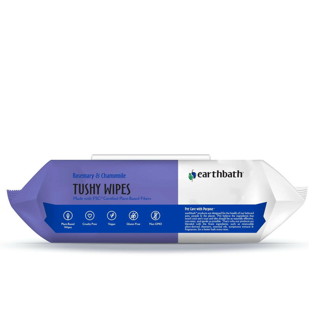 Earthbath Tushy Wipes Rosemary & Chamomile For Dogs & Cats (100 ct) re-sealable softpack