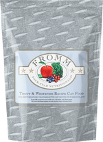 Package of Fromm Four-Star Nutritional Trout & Whitefish Recipe cat food with a gray background
