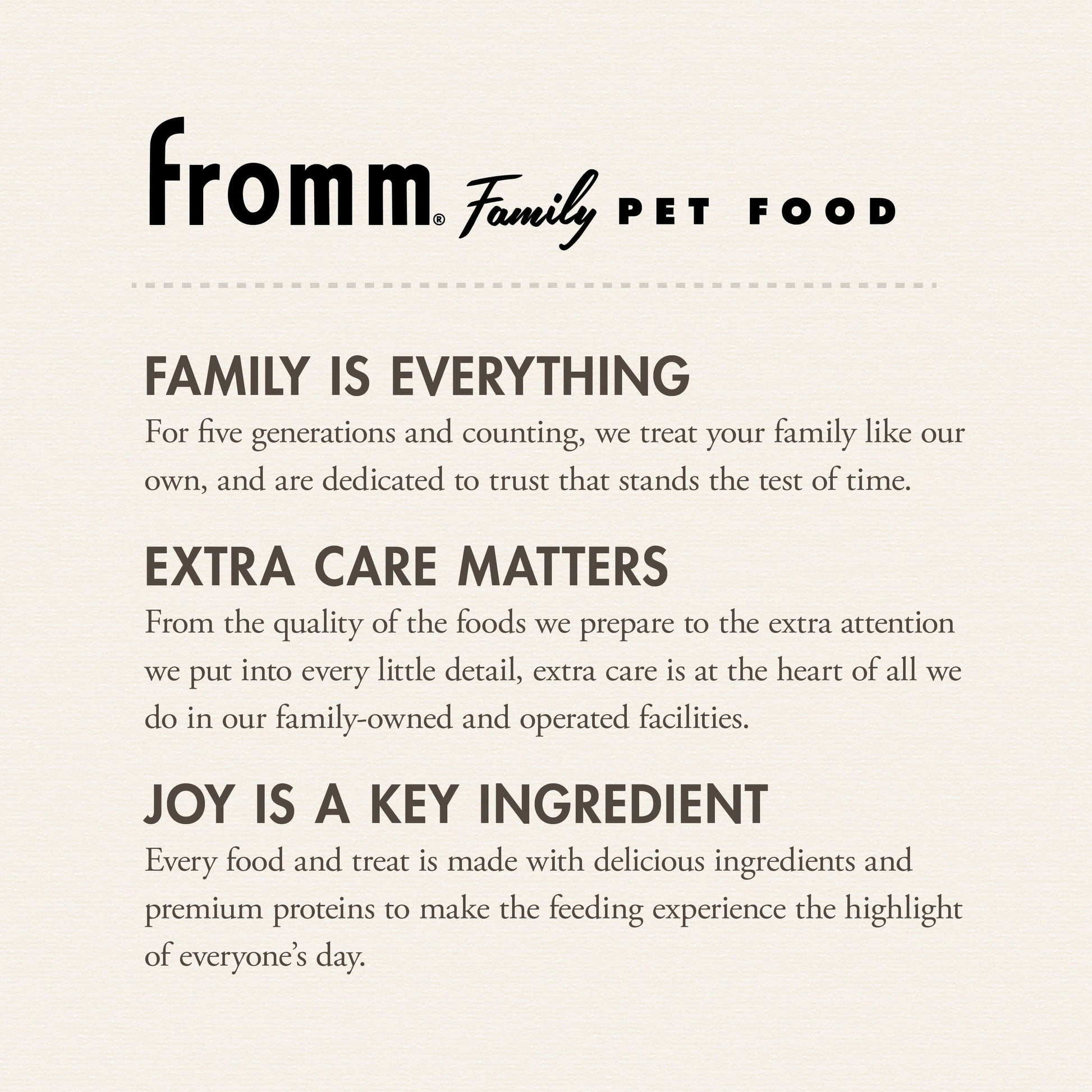 Fromm Family Pet Food advertisement with text about their commitment to pet care.