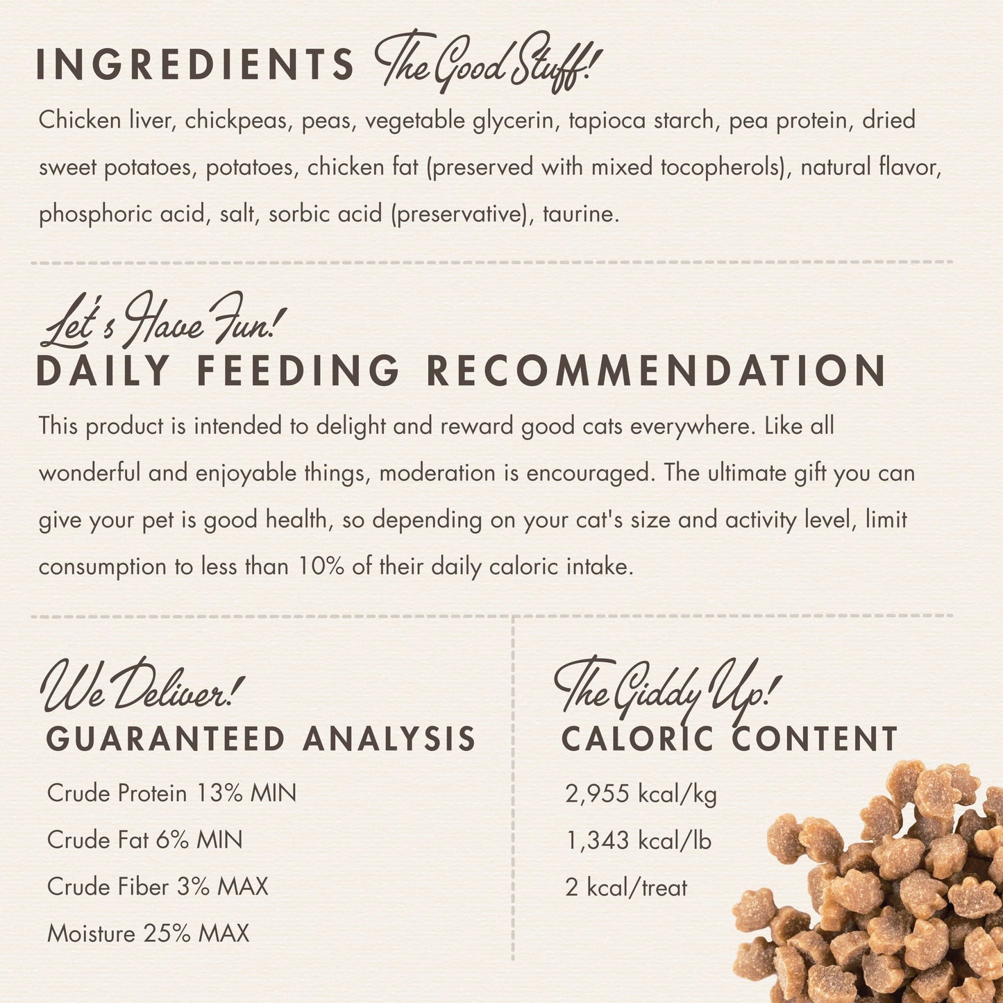 Ingredients list and feeding recommendation for a pet food product on a white background.