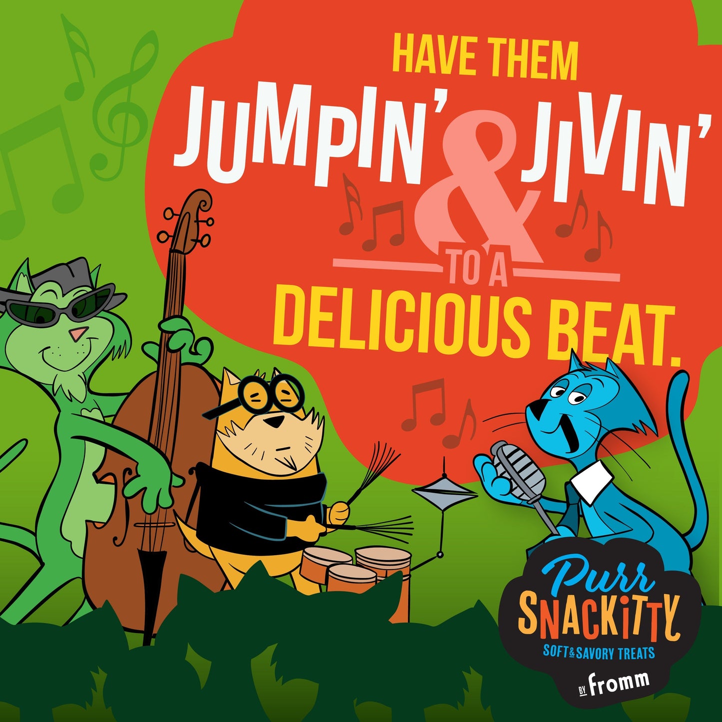 Cartoon animals playing music with text 'Have them Jumpin' & Jivin' to a delicious beat' and 'Purr Snackity' branding.