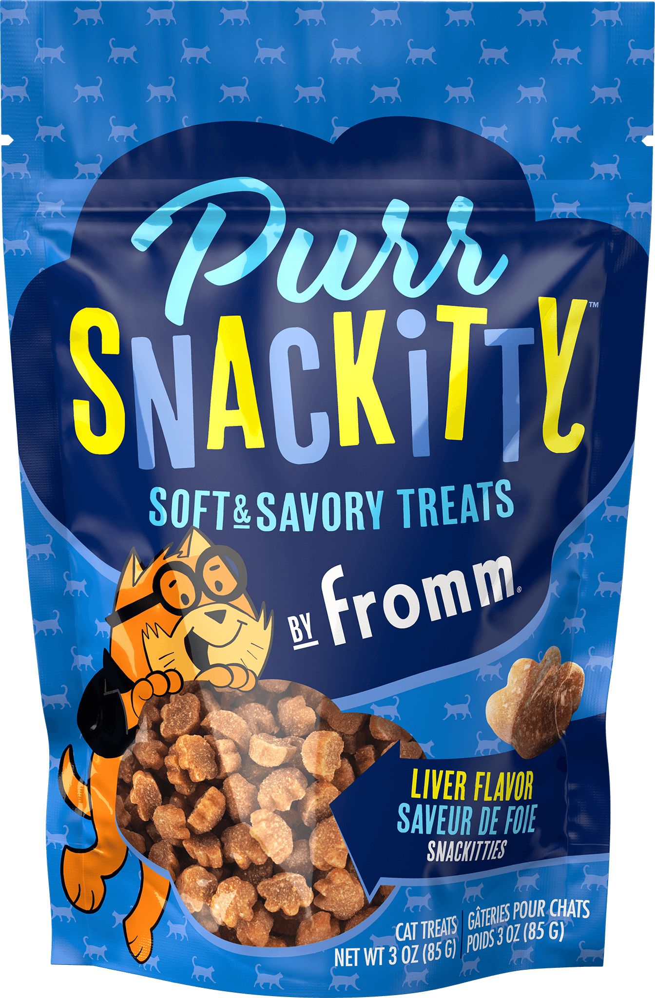 Purina Snackitty soft and savory treats packaging with blue background and cat illustration.