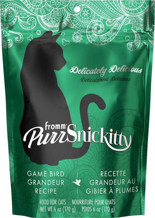 Green packaging of PurrSnickitty cat food with a black silhouette of a cat.