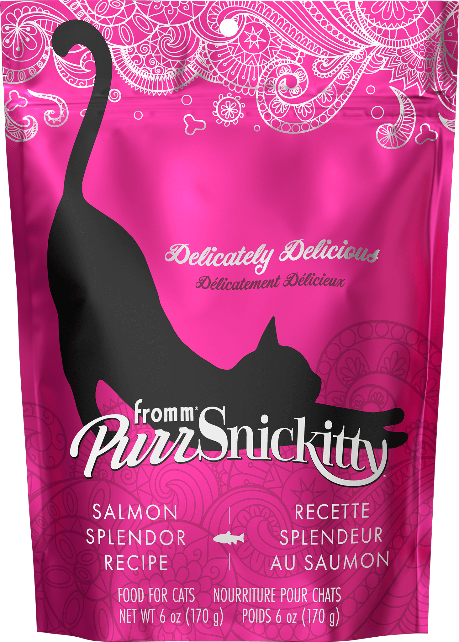 Pink package of PurrrSnickity cat food with a black cat silhouette on a pink background