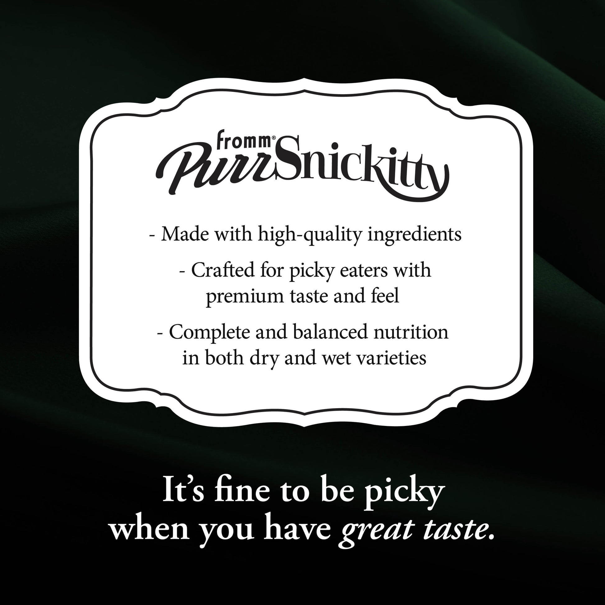 PurrSnickitty product label on a black background with white text.