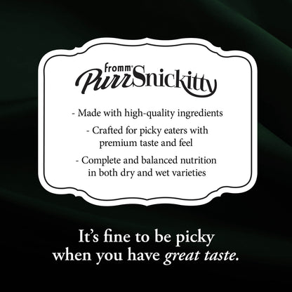 PurrSnickitty product label on a black background with white text.