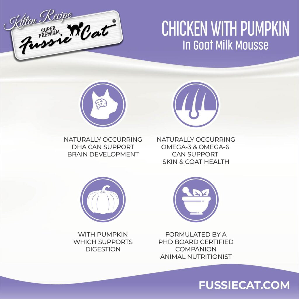 Fussie Cat Chicken with Pumpkin in Goat Milk Mousse Kitten Pouch, 1.5-oz case of 12 Cat Treats.
