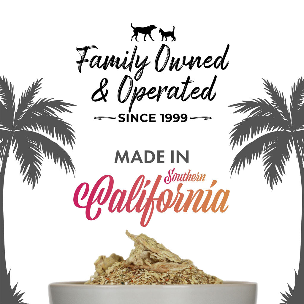 Product with 'Family Owned & Operated Since 1999, Made in Southern California' text and palm tree silhouettes.