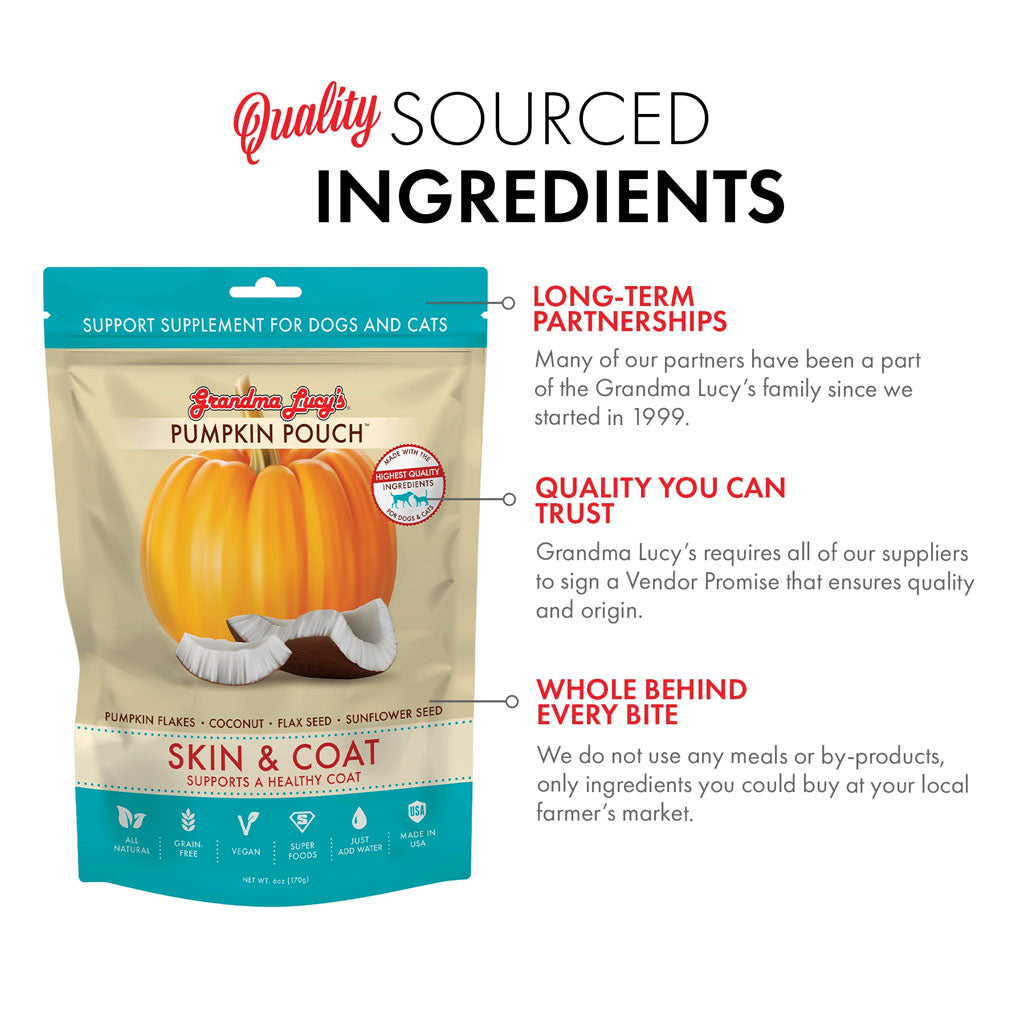 Pumpkin pouch for dogs and cats with quality sourcing information on a white background