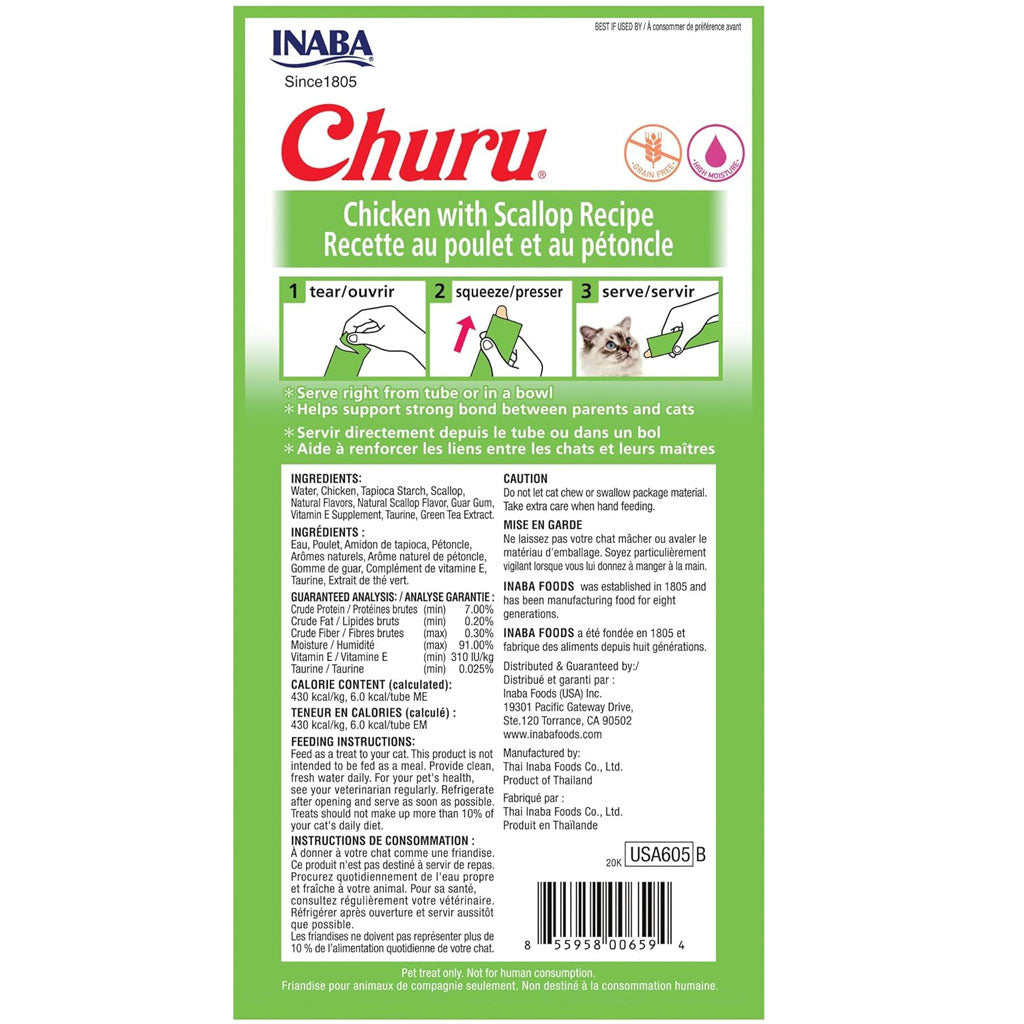 Inaba Churu Chicken with Scallop Puree Grain-Free Lickable Treat for Cats