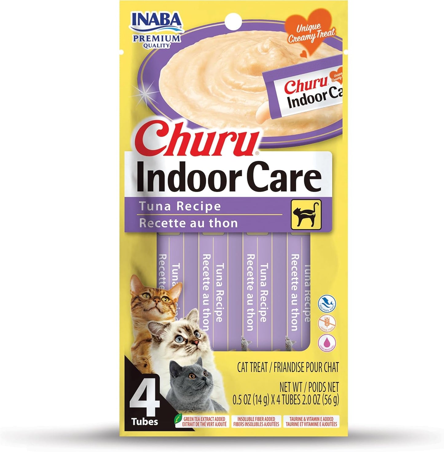 Inaba Churu Indoor Care Tuna Recipe Puree Grain-Free Lickable Treat for Cats 0.5-oz x 4-tubes - Cat Treats 1