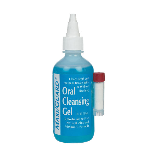 Blue bottle of Maxi-Guard Oral Cleansing Gel on a white background