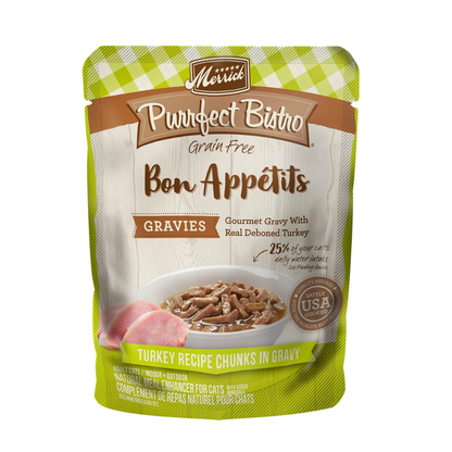 Merrick Purrfect Bistro Grain Free Bon Appetits Gravies Adult Wet Cat Food Turkey Recipe Chunks in Gravy (3 oz x 24