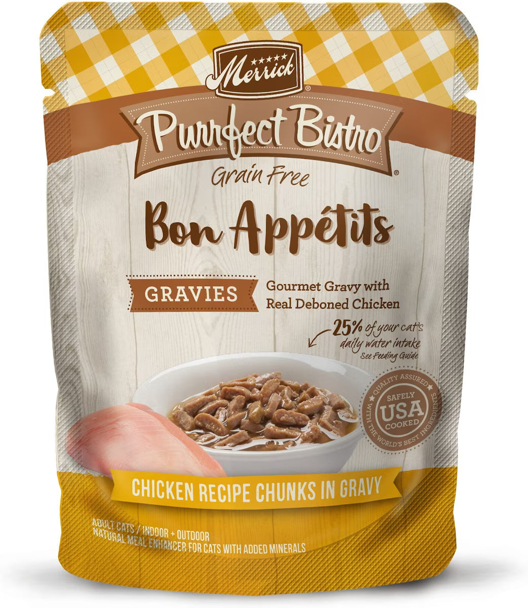 Merrick Purrfect Bistro Grain Free Bon Appetits Gravies Adult Wet Cat Food Chicken Recipe Chunks in Gravy (3 oz x 24
