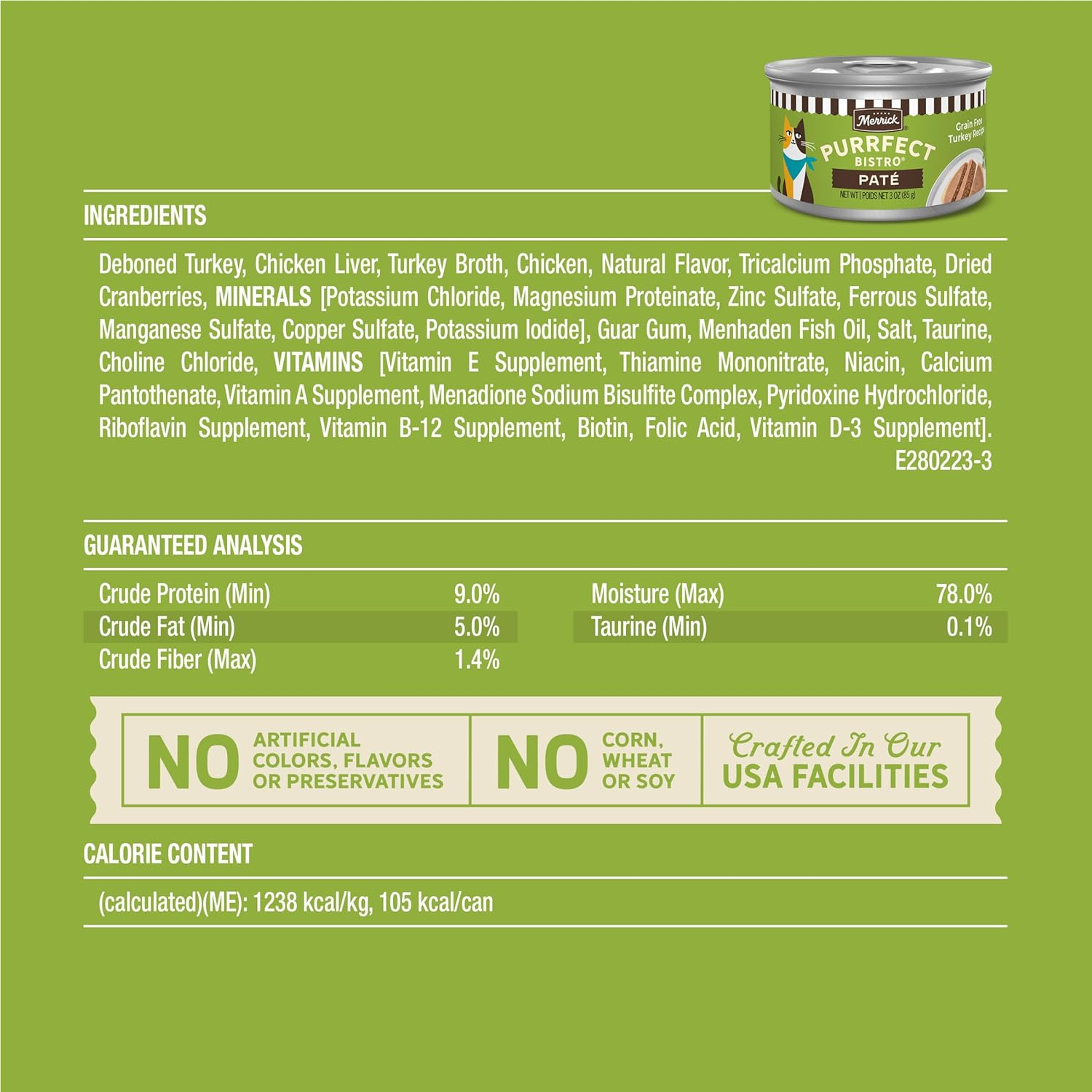 Merrick Purrfect Bistro Grain Free Premium Soft Canned Pate Adult Wet Cat Food High Protein Turkey Recipe - 3-oz, case