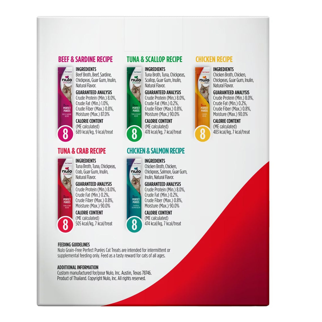 Nulo pet food packaging with recipe options and ingredients listed.