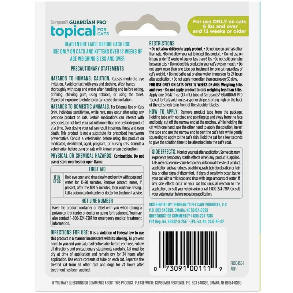 Sergeant's Guardian Pro Flea & Tick Topical for Cats, 6 lbs and over backside