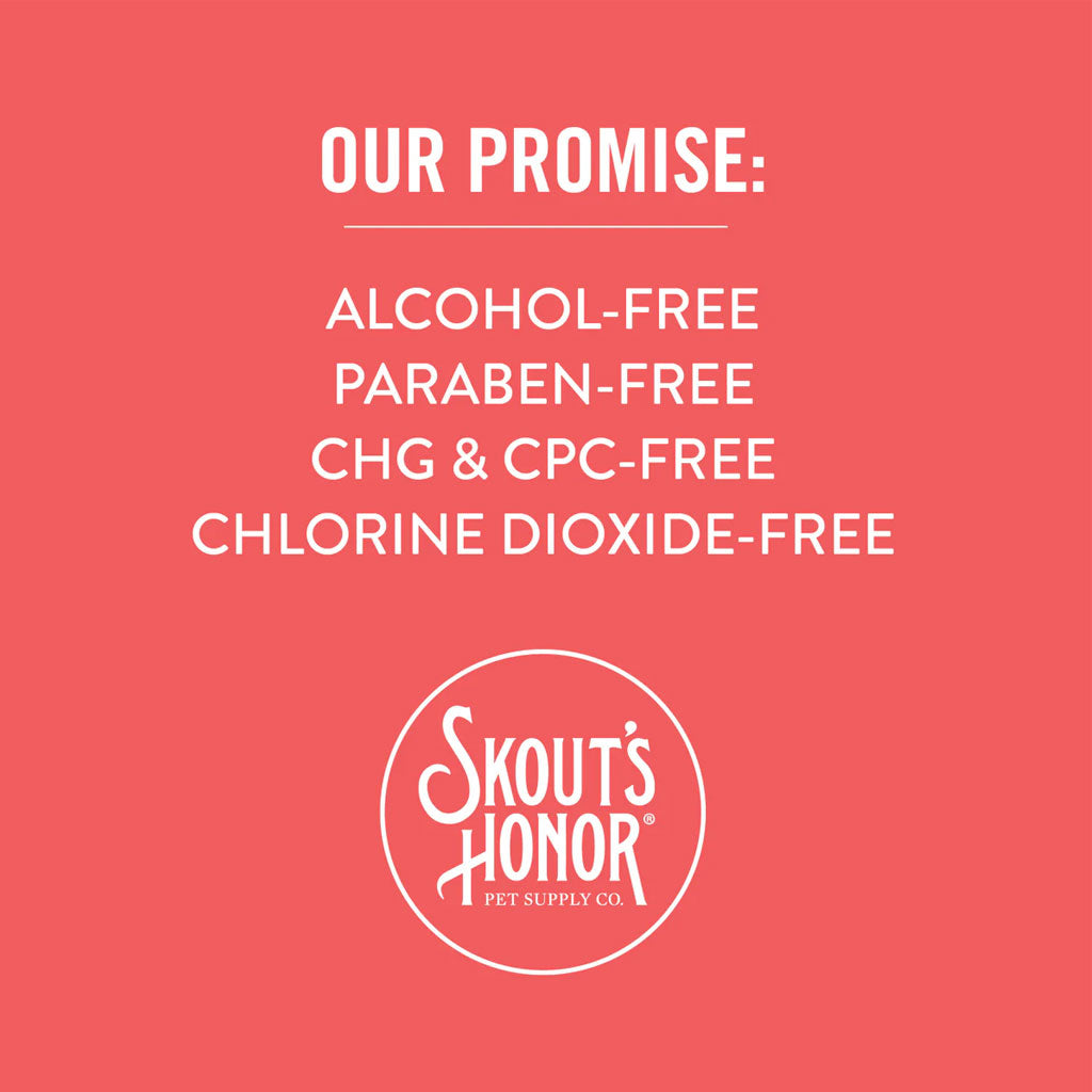 Skout's Honor product with promise of being alcohol-free, paraben-free, CHG & CPC-free, and chlorine dioxide-free on a pink background.