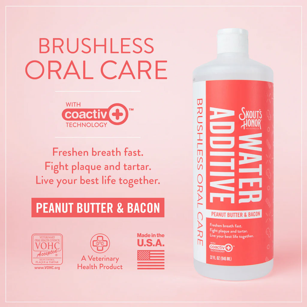 Skout's Honor Water Additive bottle with text on a pink background