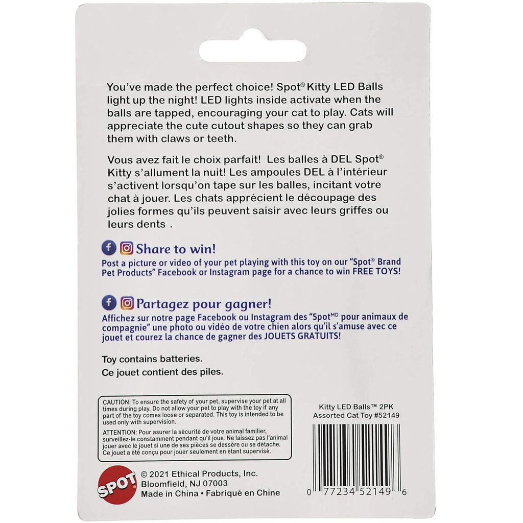 Back of a Spot Kitty LED Balls packaging with text and branding.