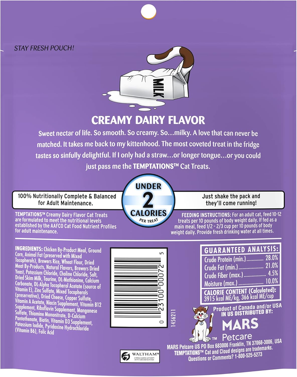 Temptations Classics Creamy Dairy Flavor Soft & Crunchy Treats for Cats 6oz backside