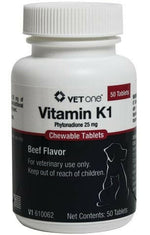 Vitamin K-1 Chewable Tablets Beef Flavor 25mg 50 Count - Supplements & Vitamins for Dogs & Cats 1