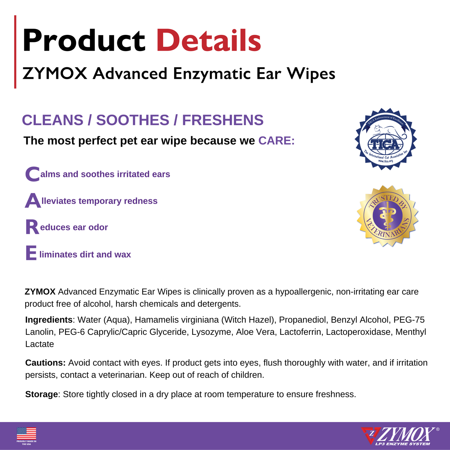 Zymox Advanced Enzymatic Ear Wipes for Dogs & Cats - Product Details