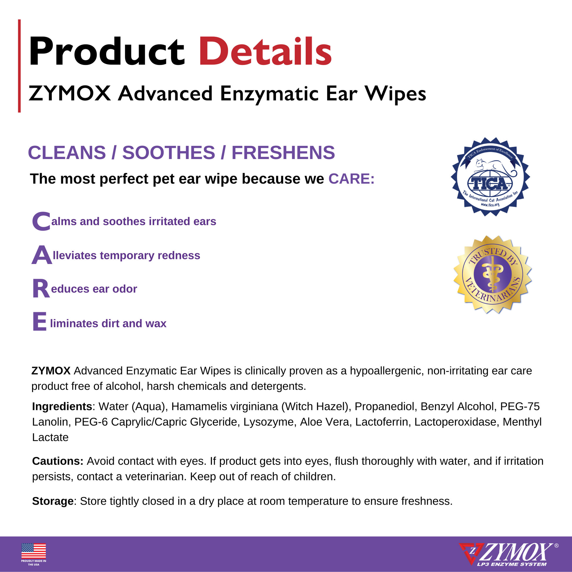 Zymox Advanced Enzymatic Ear Wipes for Dogs & Cats - Product Details