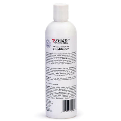 Back label of Zymox Advanced Enzymatic Oatmeal Pet Conditioner Liquid for Dogs & Cats