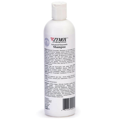 Back label of Zymox Enzymatic Oatmeal Pet Shampoo Liquid for Dogs & Cats